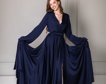 Robe longue bleu marine à manches longues pour mère de la mariée, robe femme pour invité de mariage, robes formelles pour femme, longue robe fluide personnalisée