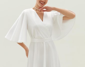 Cream Satin Dress | V Neck Butterfly Sleeve Wedding Guest Dress | White Midi Bridesmaid Dress | Civil Wedding Evening Gown