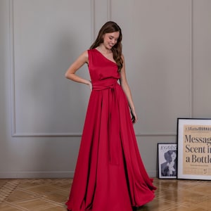 Red One Shoulder Bridesmaid Dress Floor Length Evening Gown Formal Wedding Guest Dress Satin Custom Bridesmaid Gown Red Cocktail Dress