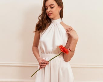 White Halter Neck Dress Sleeveless Reception Dress Engagement Dress For Bride Alternative Wedding Dress Long Dress For Wedding Party