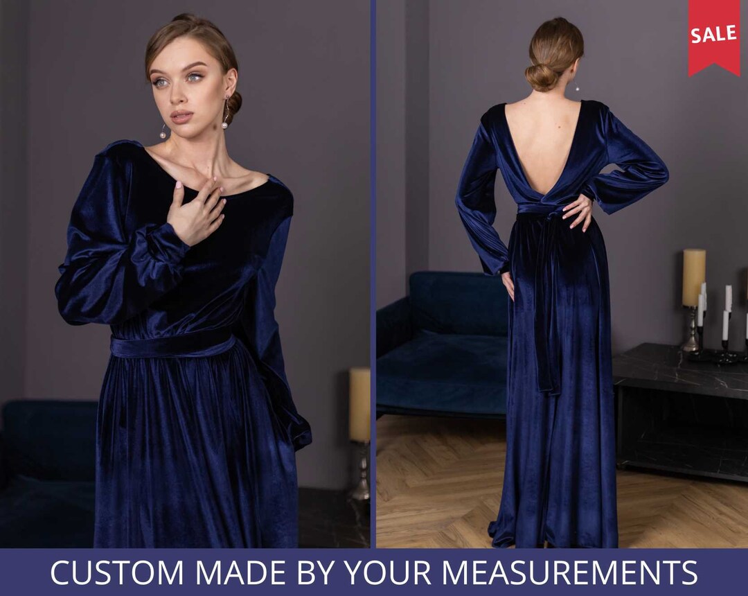 Blue Velvet Dress Velvet Blue Dress Velvet Dress Long Sleeve Etsy