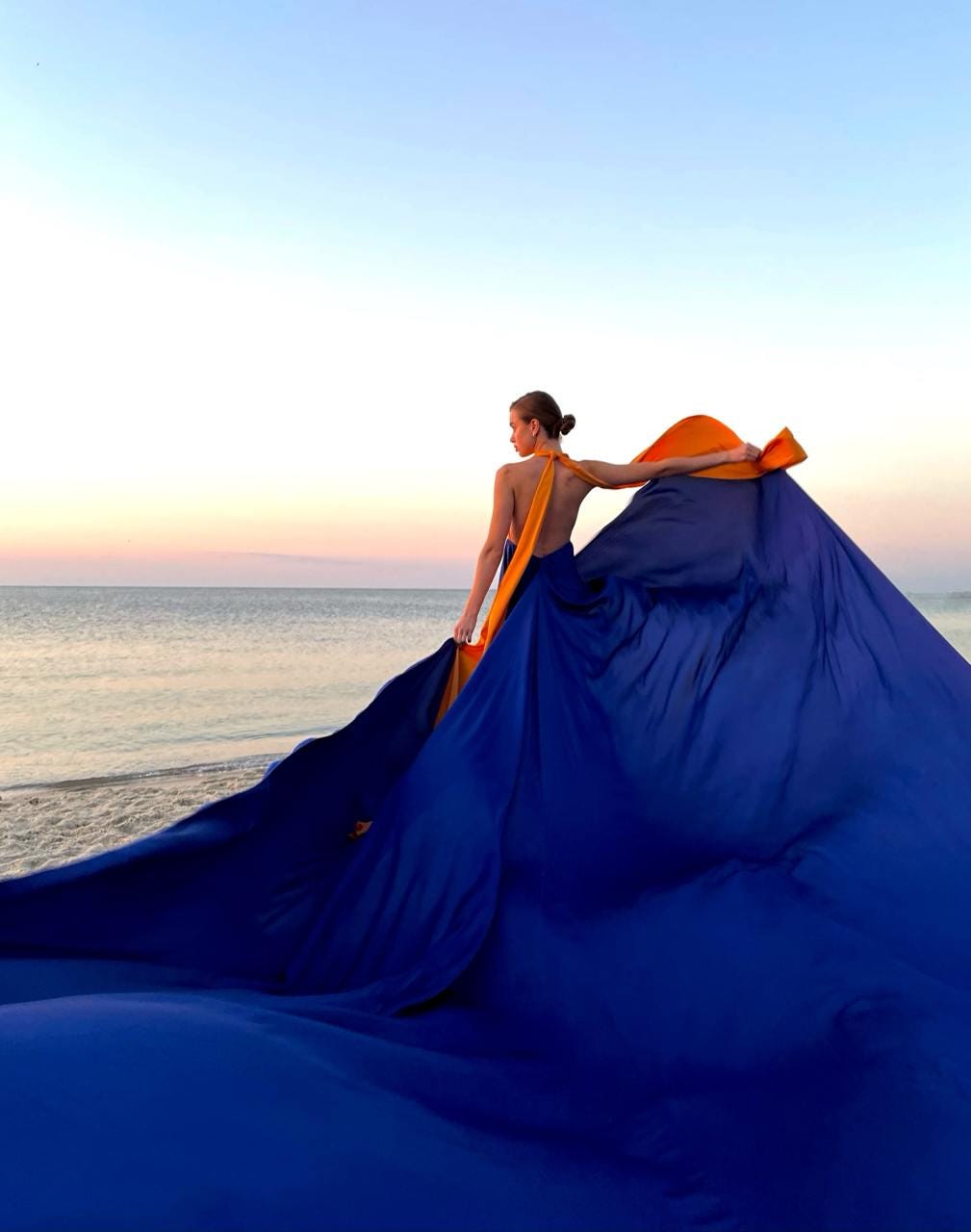 blue dress photoshoot Blue Flying Dress - Photoshoot Gown With Long Flowy Train | Lansy Electric Blue / length 197 inch (5 m) main image 0
