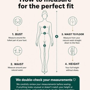 Może przedstawiać: Infografika instruktażowa zatytułowana How to measure for the perfect fit od Nika Studio Design. Zawiera rysunek liniowy ludzkiej sylwetki z ponumerowanymi punktami dotyczącymi pomiar&oacute;w biustu, talii, wysokości od talii do podłogi oraz wzrostu.