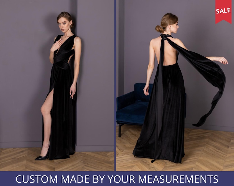 Long Maxi Dress Bridesmaid - Custom Black Velvet Long Evening Dress Women - Long Velvet Gown - Anniversary Dres - Wedding Guest Dress image 2