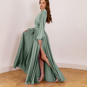 Open Back Dress Sage Green Dress Wedding Guest Dress Sage Green Bridesmaid Dresses Satin Evening Dress Reception Dress Long Slit Dress