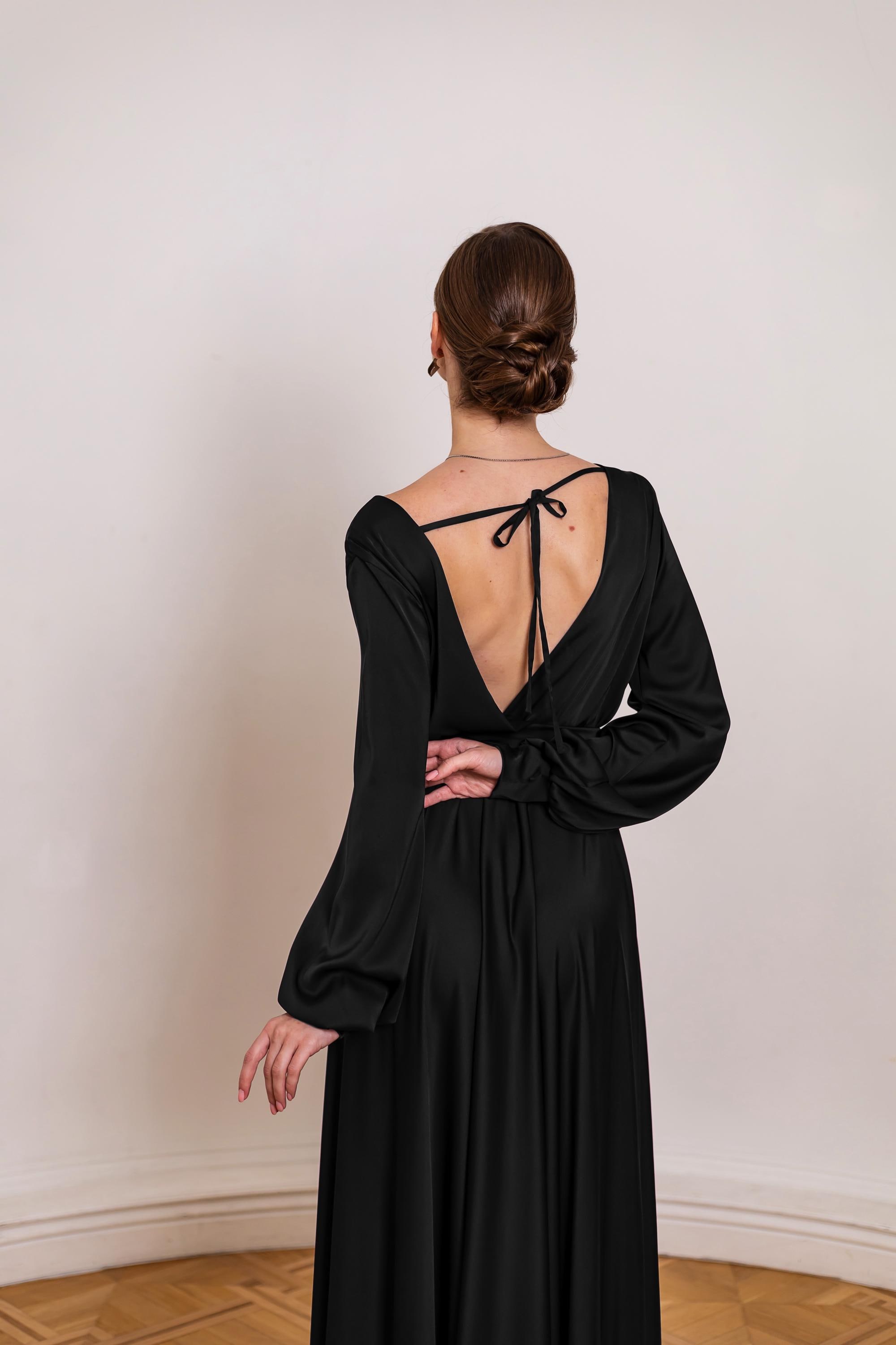 Black Satin Long Sleeve Maxi Dress With Open Back for Wedding Guest Black  Bridesmaid Dress Civil Wedding Homecoming Evening Gown Flowy Dress - Etsy