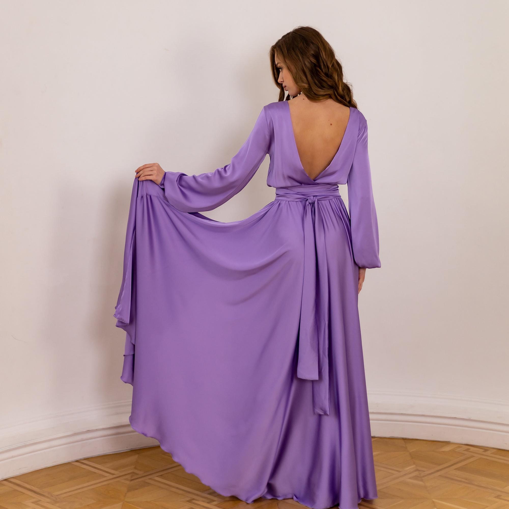 lilac bridesmaid dress with sleeves Satin Open Back Dress Cocktail Dress for Wedding Guest Long Dress for Woman Long Sleeve Bridesmaid Dress Find the perfect fit ws_group:modern_missionary modest bridesmaid dresses Naomi Color:M-Ink Blue