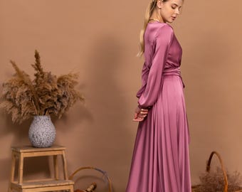 Suknia dla druhny Dusty Rose z dekoltem w serek i długim rękawem z satyny. Sukienki formalne dla kobiet. Sukienka koktajlowa dla gości weselnych. Elegancka, zwiewna sukienka maxi.