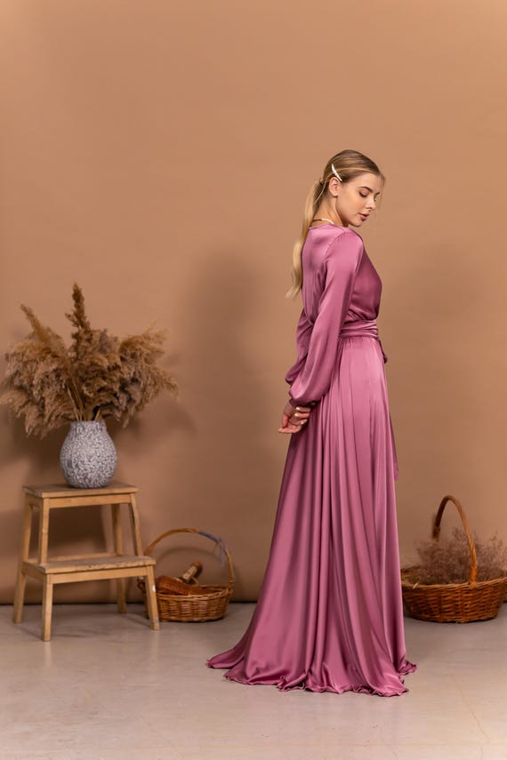 formal flowy maxi dress Dusty Rose Bridesmaid V Neck Long Sleeve Satin Dress Dresses for Women Wedding Guest Cocktail Dress Elegant Dress material:wood effect