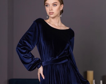 Navy Blue Mother Of The Bride Dress Long Boat Neck Velvet Dress Evening Gowns For Women Long Sleeve Maxi Dress Wedding Guest Dress Formal