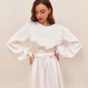 Boat Neck Midi Wedding Dress White Satin Wedding Dress Long Sleeve Cocktail Dress Bridal Dress For Civil Wedding Civil Ceremony Dress