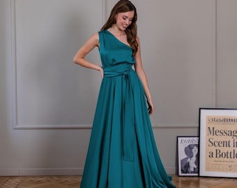 One Shoulder Gown Satin Bridesmaid Dress Wedding Guest Dress Long Dress Evening Gown Party Dress Maxi Flared Dress Reception Dress