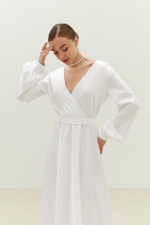 long sleeve second dress for wedding reception V-Neck Bridal Gown Wedding Reception Dress Long Sleeves Satin Long Dress For Wedding Party Second Wedding Attire Reception Dress For Bride