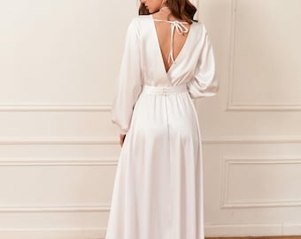 Open Back Engagement Dress White Long Sleeve Satin Dress Bridal Dress For Civil Wedding Dress For Reception Dancing Elopement Wedding Dress