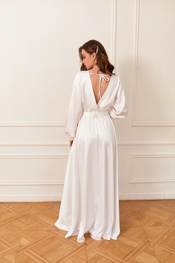 Open Back Engagement Dress White Long Sleeve Satin Dress Bridal Dress For Civil Wedding Dress For Reception Dancing Elopement Wedding Dress