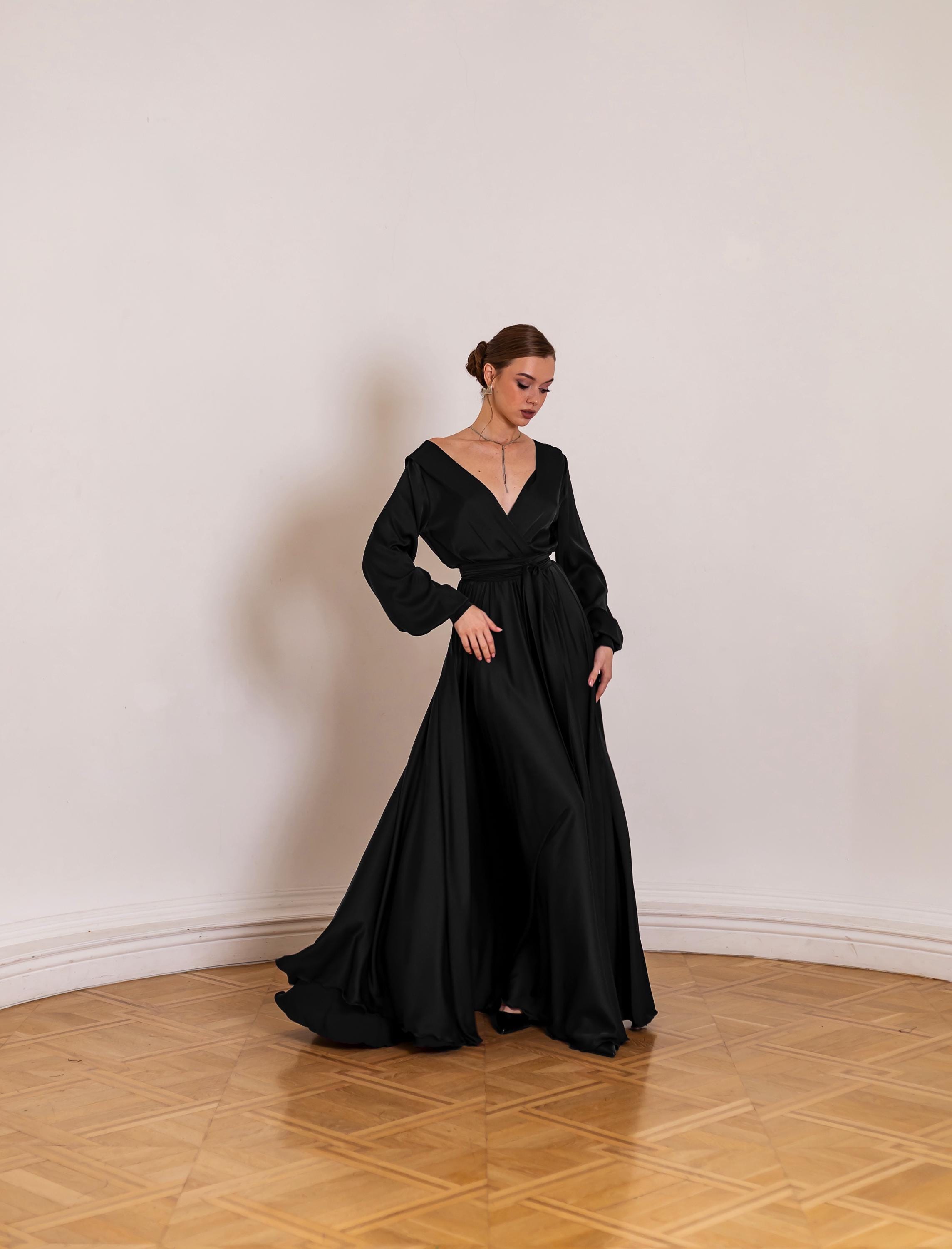 Black Satin Long Sleeve Maxi Dress With Open Back For Wedding Guest Black Bridesmaid Dress Civil Wedding Homecoming Evening Gown Flowy Dress Black Satin Long Sleeve Maxi Dress With Open Back For Wedding Guest Black Bridesmaid Dress Civil Wedding Homecoming Evening Gown Flowy Dress