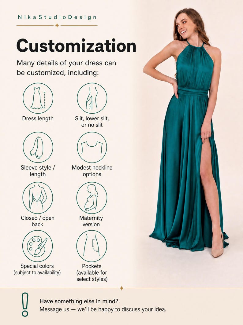 May include: A floor-length emerald green satin dress with a halter neckline and a high leg slit. The image includes text detailing customization options like dress length, sleeve style, neckline, back design, maternity fit, colors, and pockets.
