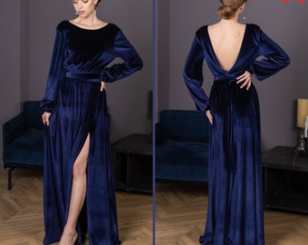 Navy blue formal dress Blue velvet long gown Gown velvet Bridesmaid gown Fall dress Floor dress Velvet dress xxl Velour maxi dress