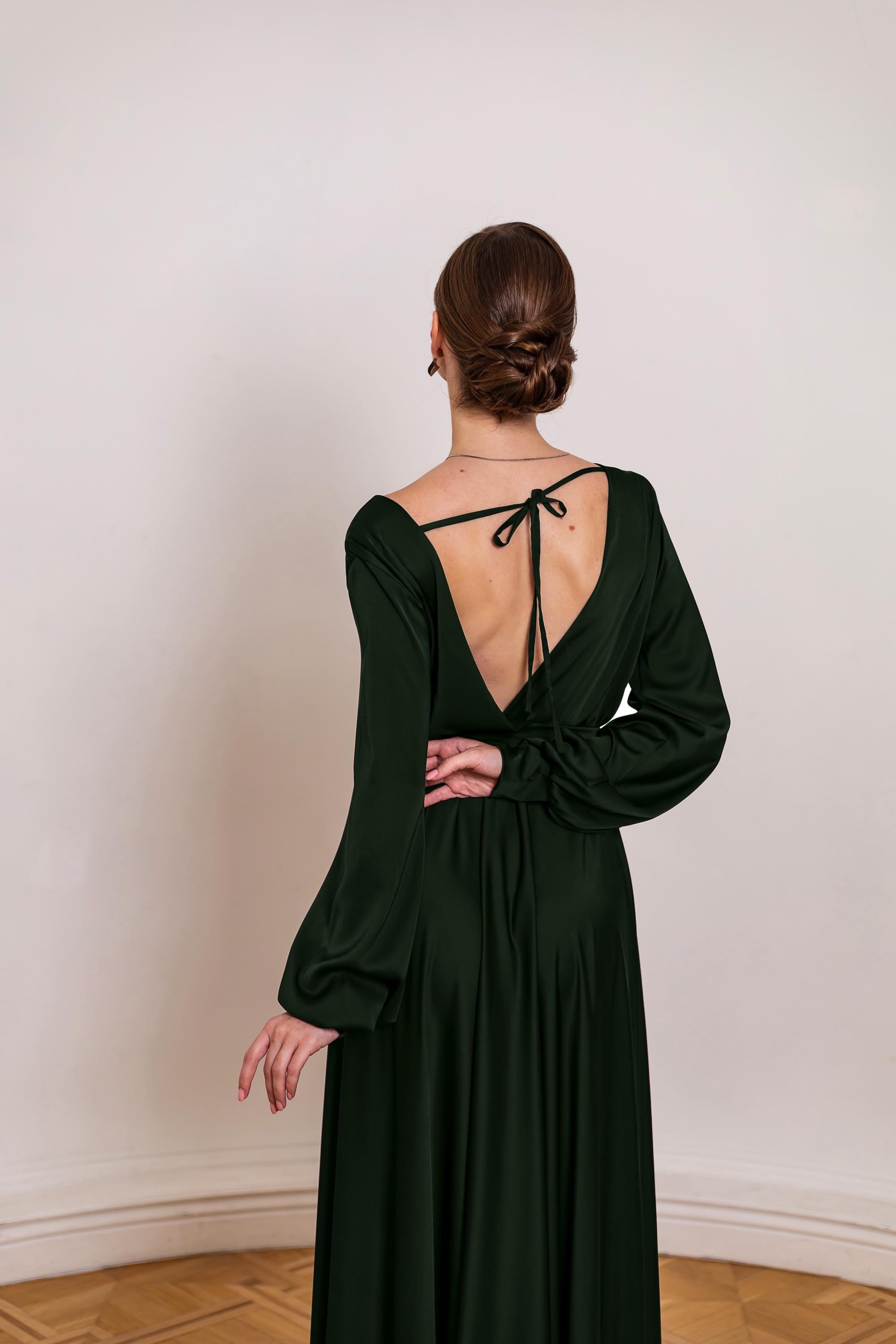 Olive Green Satin Bridesmaid Dress - Off Shoulder, Long Sleeve, Floor Length With Slit