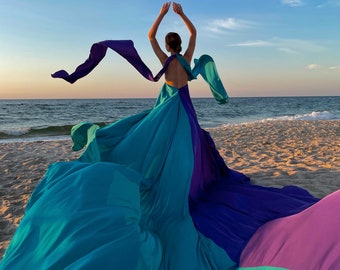 Long Flying Dress For Photoshoot Infinity Flowing Beach Dress Asymmetrical Flying Dress Mix Of 2 Colors In Convertible Flying Dress