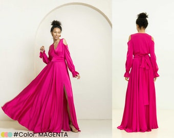 Modest evening dress Evening cocktail dress Satin evening dress Evening party dress Long sleeve evening dress Evening dress v neck
