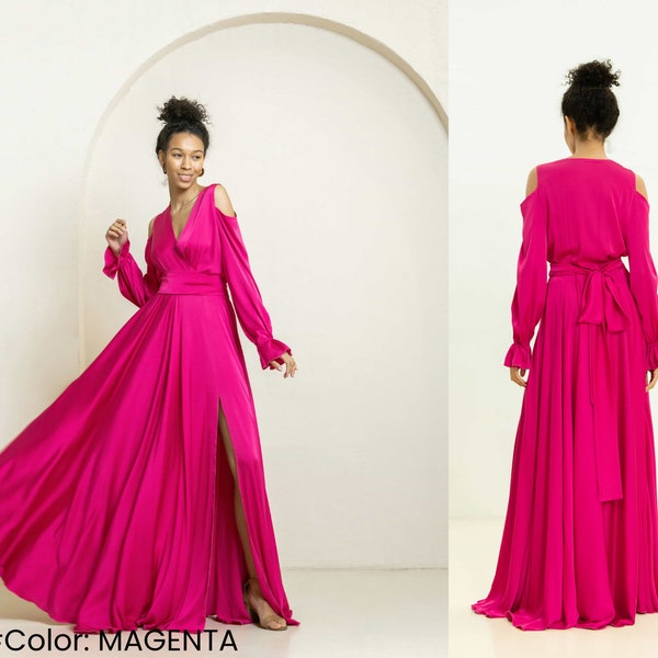 Modest evening dress Evening cocktail dress Satin evening dress Evening party dress Long sleeve evening dress Evening dress v neck