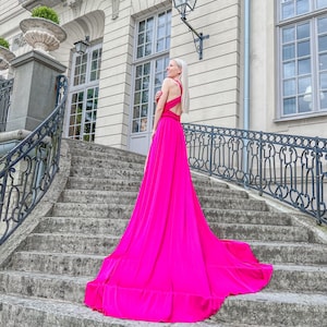formal plus size hot pink dress LISTHA Women Plus Size Formal A Line Maxi Dress Self Tie Waist with Pockets Elegant Round Neck Swing Long Dresses Hot Pink 4XL, Women's