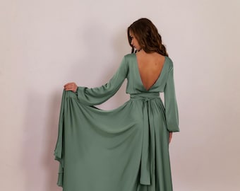 Suknia dla druhny w kolorze szałwiowej zieleni z odkrytymi plecami, elegancka sukienka dla gościa weselnego, szyta na miarę, długa suknia wieczorowa z długim rękawem