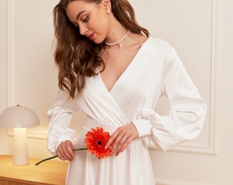 Prosta sukienka na przyjęcie weselne z długimi rękawami, biała satynowa sukienka na przyjęcie, sukienka z odkrytymi plecami, sukienka zaręczynowa na ślub cywilny, sukienka na przyjęcie dla panny młodej