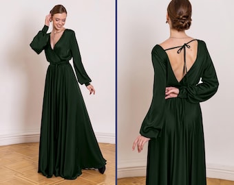 Olive Green Bridesmaid Dress Satin Open Back Dress Maxi Dress Long Sleeve Long Sleeve Cocktail Dress Woman Dress for Wedding Guest