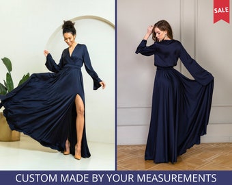 Dress for woman wedding guest Bridesmaid dress satin Navy blue long evening dress Baby shower dress for mommy Plus size formal dress