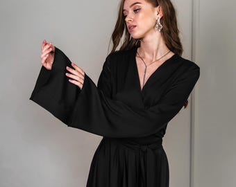Maxi Party Dresses Guest Wedding Guest Dress Black Bridesmaid Dress Black Flowy  Dress With Wide Long Sleeves Anniversary Dress - Etsy UK