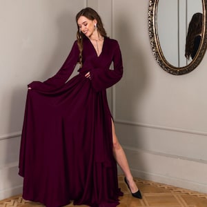Party Dress With Long Sleeves Maroon Long Silk Satin Floor Length Dress Long Dress V-Neck Wedding Bridesmaid Dresses Cocktail Dress