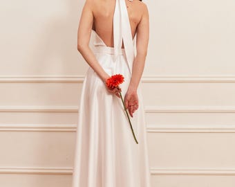 Satin Open Back Dress Halter Wedding Dress Simple Sleeveless Reception Dress White Cocktail Dress Women Long Dress For Wedding Party
