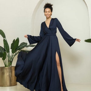 Navy Blue Maxi Silk Satin Dress, Midnight Blue Extra Full Length Slip Dress, adjustable Spaghetti Straps, Silky Deep V Neck Bias Cut Dress 