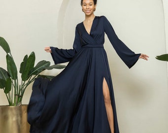 Prom dress Cocktail dress Formal dress Bridesmaid dress Cocktail dress for wedding guest Homecoming dress Navy blue satin dress Long dress