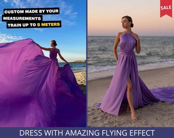 Fliegendes Kleid aus fliederfarbenem Satin mit langer Schleppe für Fotoshootings – individuelle Größen und Farben – fliegendes Kleid mit elastischer Taille und gerafftem Oberteil