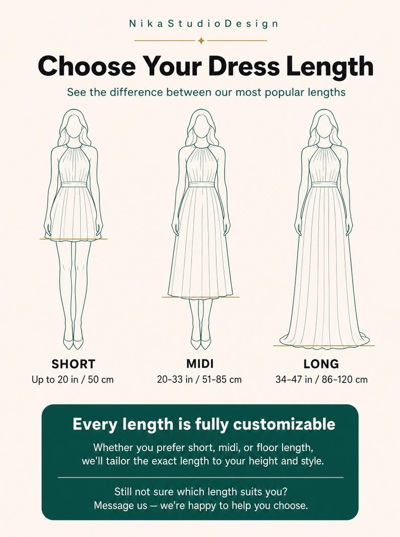 May include: A Nika Studio Design infographic titled Choose Your Dress Length showing three dress silhouettes: short up to 20 inches, midi 20-33 inches, and long 34-47 inches. A dark green box states Every length is fully customizable.