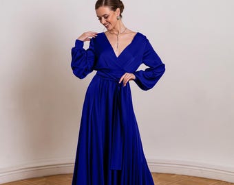 Electric Blue Long Sleeve Bridesmaid Dress | V Neck Open Back Wedding Guest Dress | Puff Sleeve Satin Evening Gown | Formal Dress