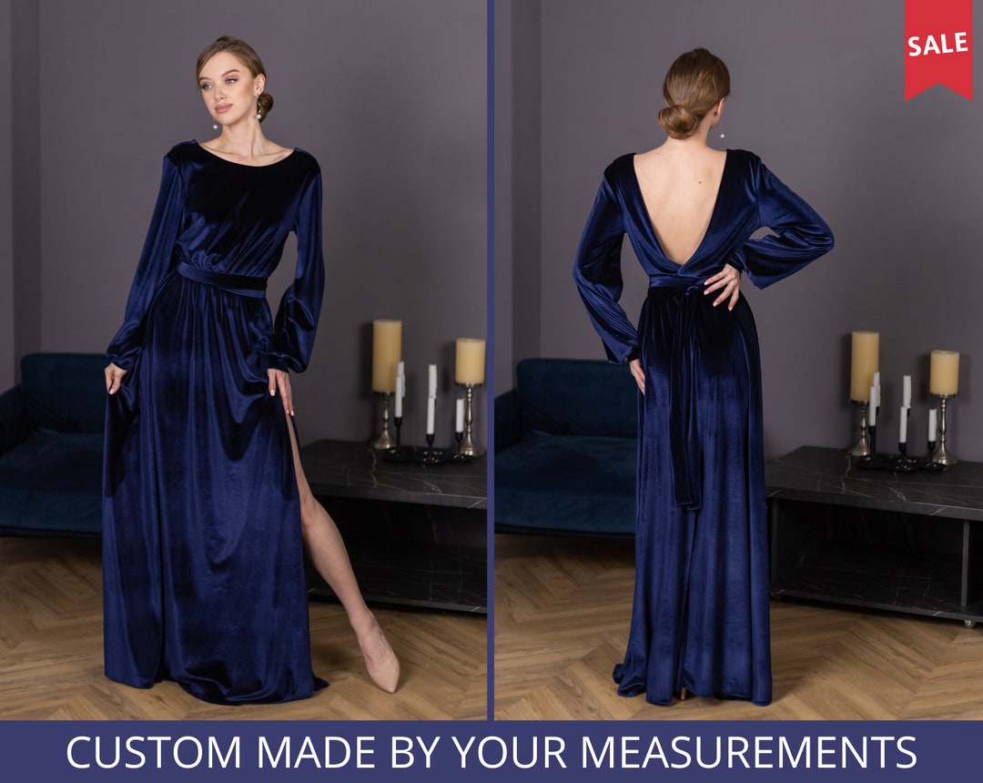 Velvet dress with draped sleeve in deep blue grey