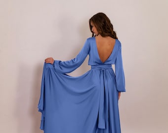 Low Back Evening Gown Satin Blue Bridesmaid Dress Floor Length Open Back Dress Long Baby Blue Wedding Guest Dress Fall Maxi Dress