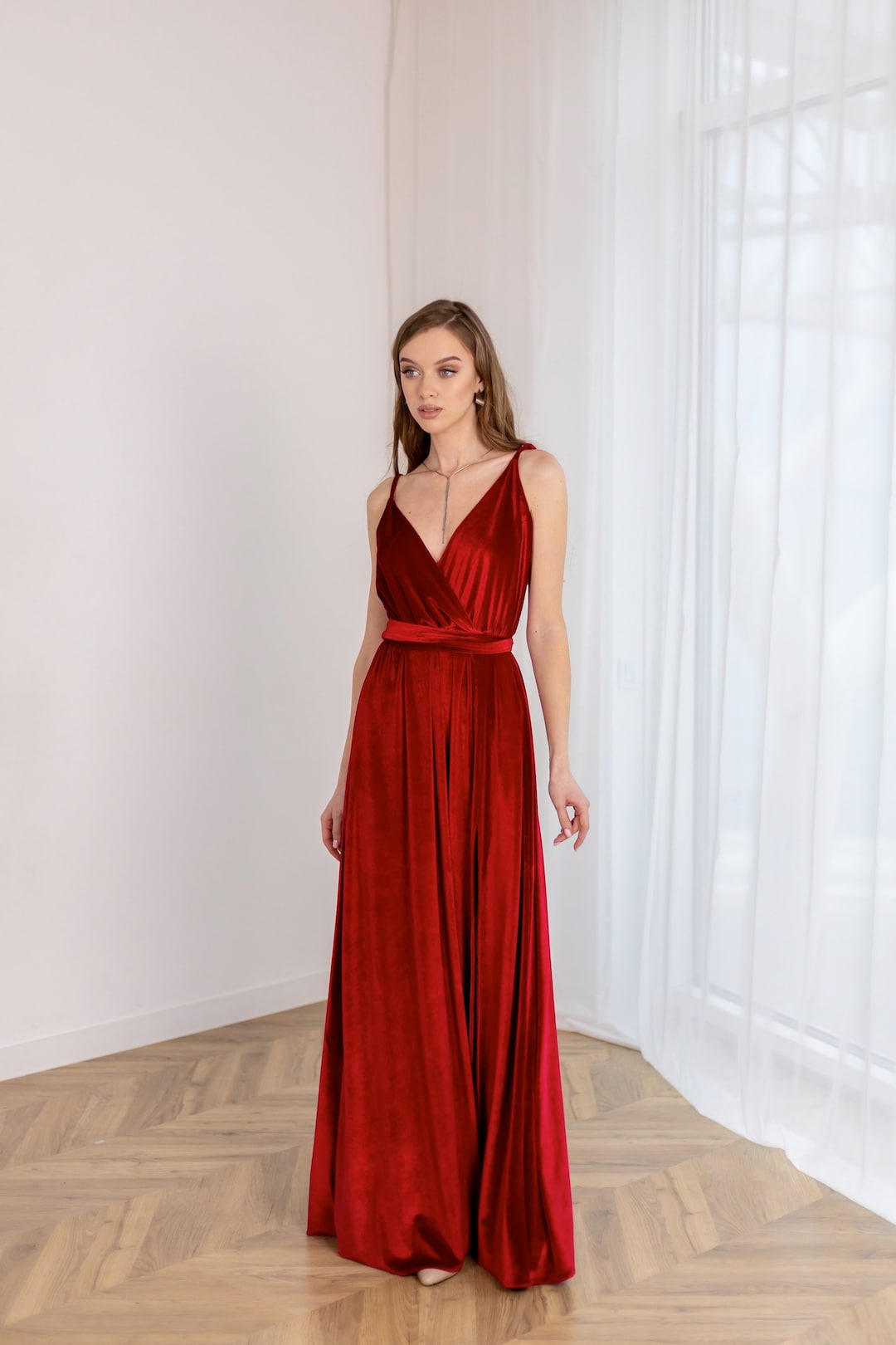 Women's Long Sleeve Deep Red Velvet Maxi Dress main image 1