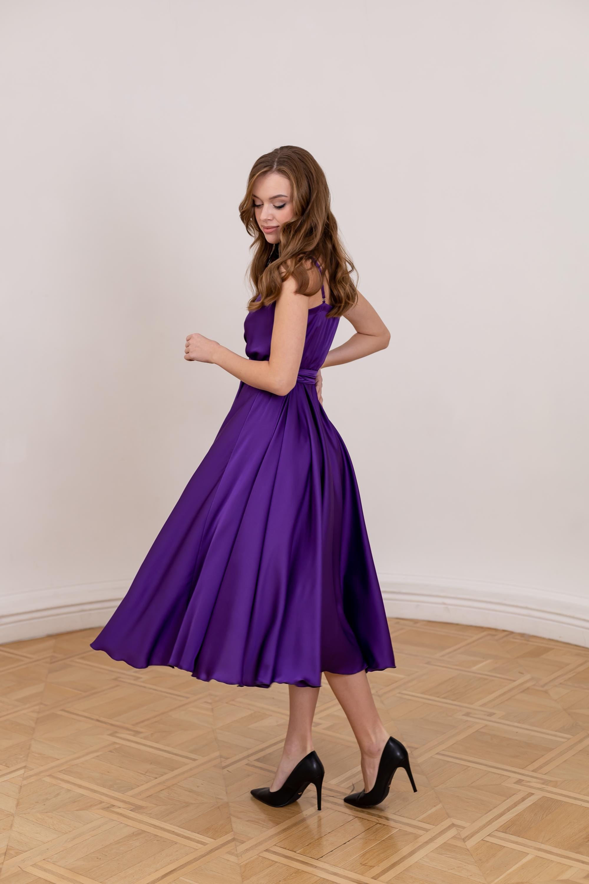 Royal Purple Dress Cocktail Dress Elegant Tea Length Bridesmaid Dress Wedding Dress Guest Evening Dress Sleeveless Adjustable Straps Dress