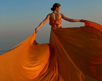 Flying set for photoshoot Santorini flying skirt and top Long flowy skirt with long train Long flying set Orange flying skirt and top