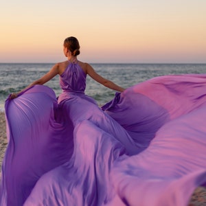 Lilac Long Flying Dress for Photoshoot Satin Flowy Dress Santorini Flying Dress Extra Long Flowy Dress Custom Made Maxi Gown With Train