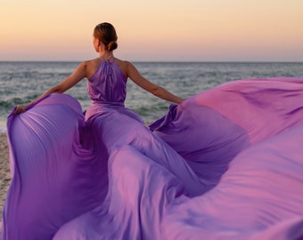 Long Flying Dress for Photoshoot Long Train Dress Photoshoot Dress Satin Flowy Dress Santorini Flying Dress