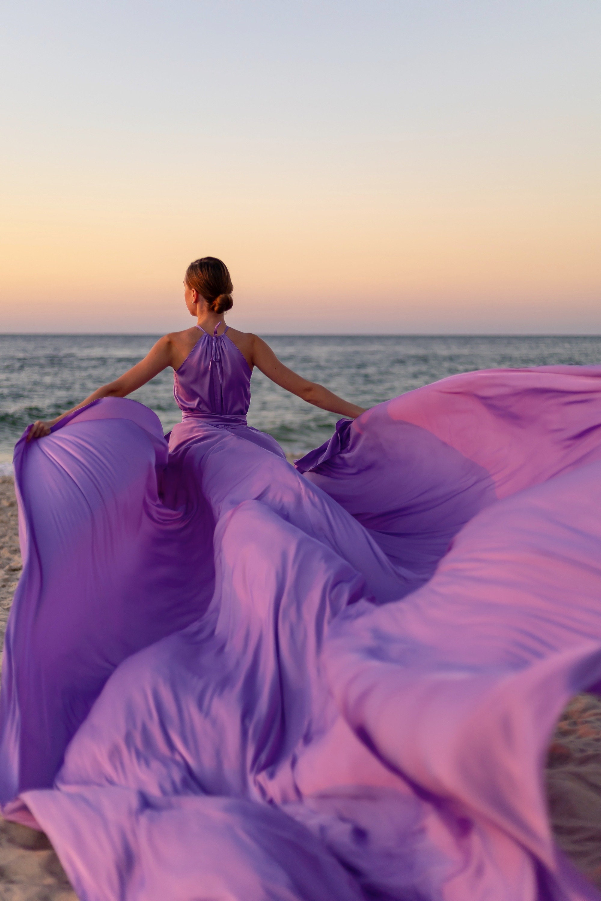 Long Flying Dress for Photoshoot Long Train Dress Photoshoot Dress Satin Flowy Dress Santorini Flying Dress