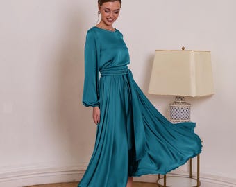 Long Sleeve Satin Dress Modest Bridesmaid Dress Turquoise Midi Cocktail Dress Evening Gown With Sleeves Dress For Woman Wedding Guest
