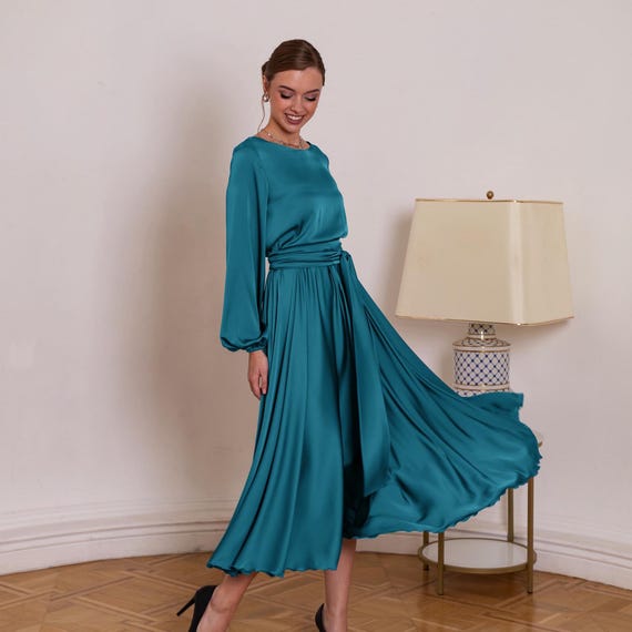 Long Sleeve Satin Dress Modest Bridesmaid Dress Turquoise Midi Cocktail Dress Evening Gown with Sleeves Dress for Woman Wedding Guest Long Sleeve Satin Dress Modest Bridesmaid Dress Turquoise Midi Cocktail  Dress Evening Gown With Sleeves Dress for Woman Wedding Guest - Etsy