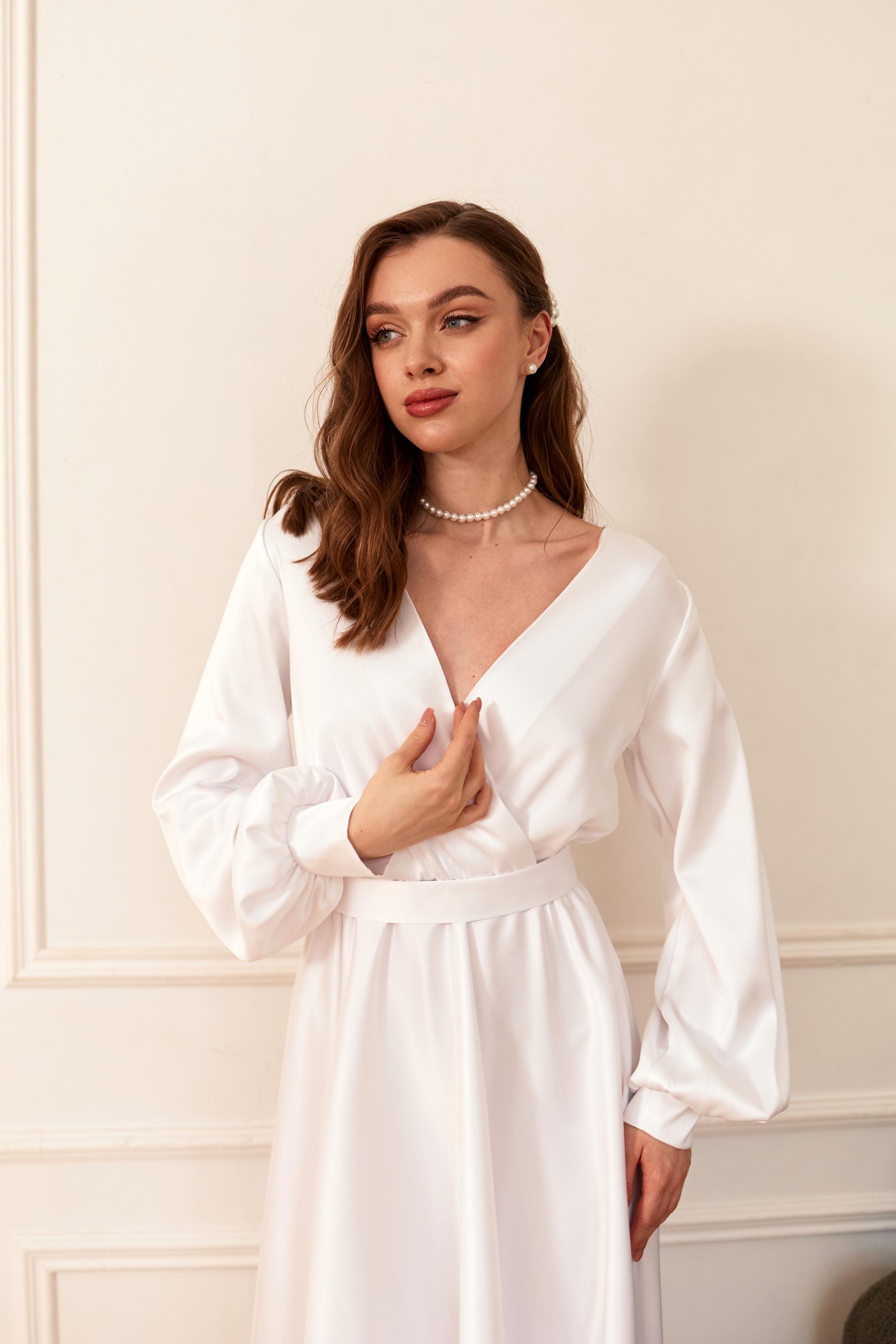 green emerald velvet dress Zapaka Women Ivory Satin Asymmetrical Wedding Dress with Sleeves Sheath Off The Shoulder Long Reception Dress, Ivory / US6